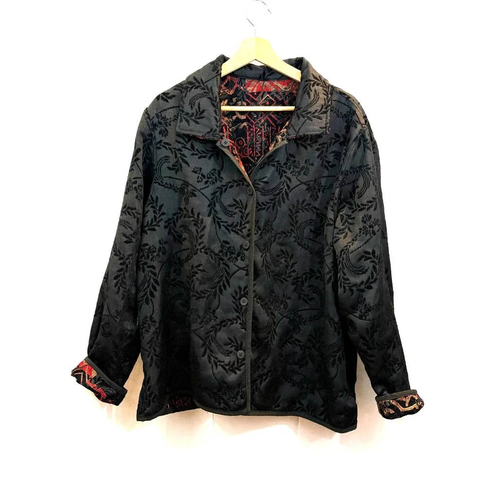 Women's Handmade Reversible Artsy Jacket, Black Red Gold Button Front Size Large
